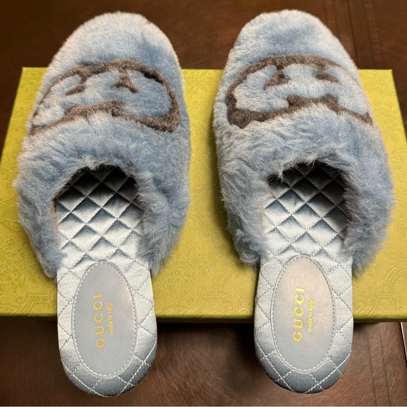 New Gucci GG Faux Fur Slip On Slides Blue Black Size 38 / US 8 - Picture 11 of 15